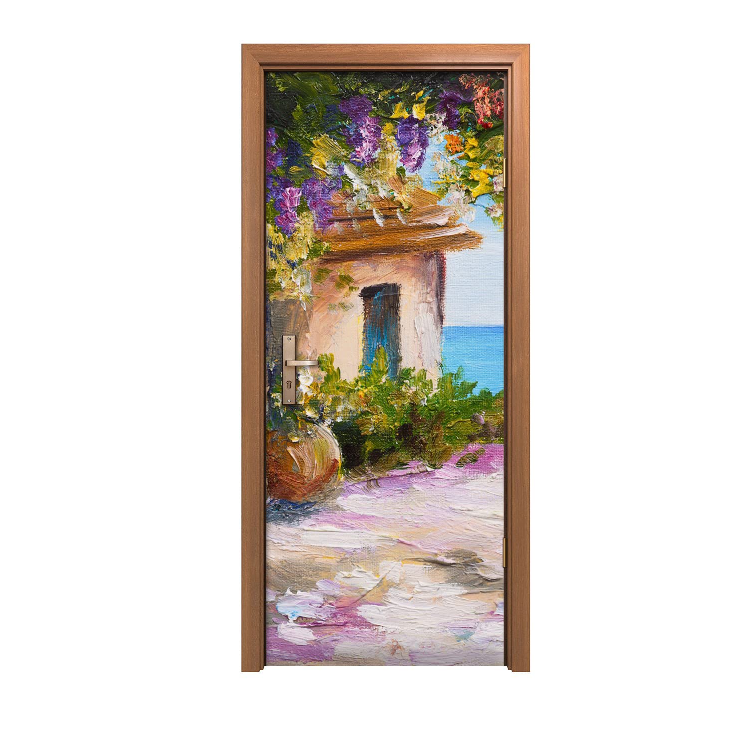 Autocollant de porte 90x200cm Fleurs et paysage de mer pour décoration murale