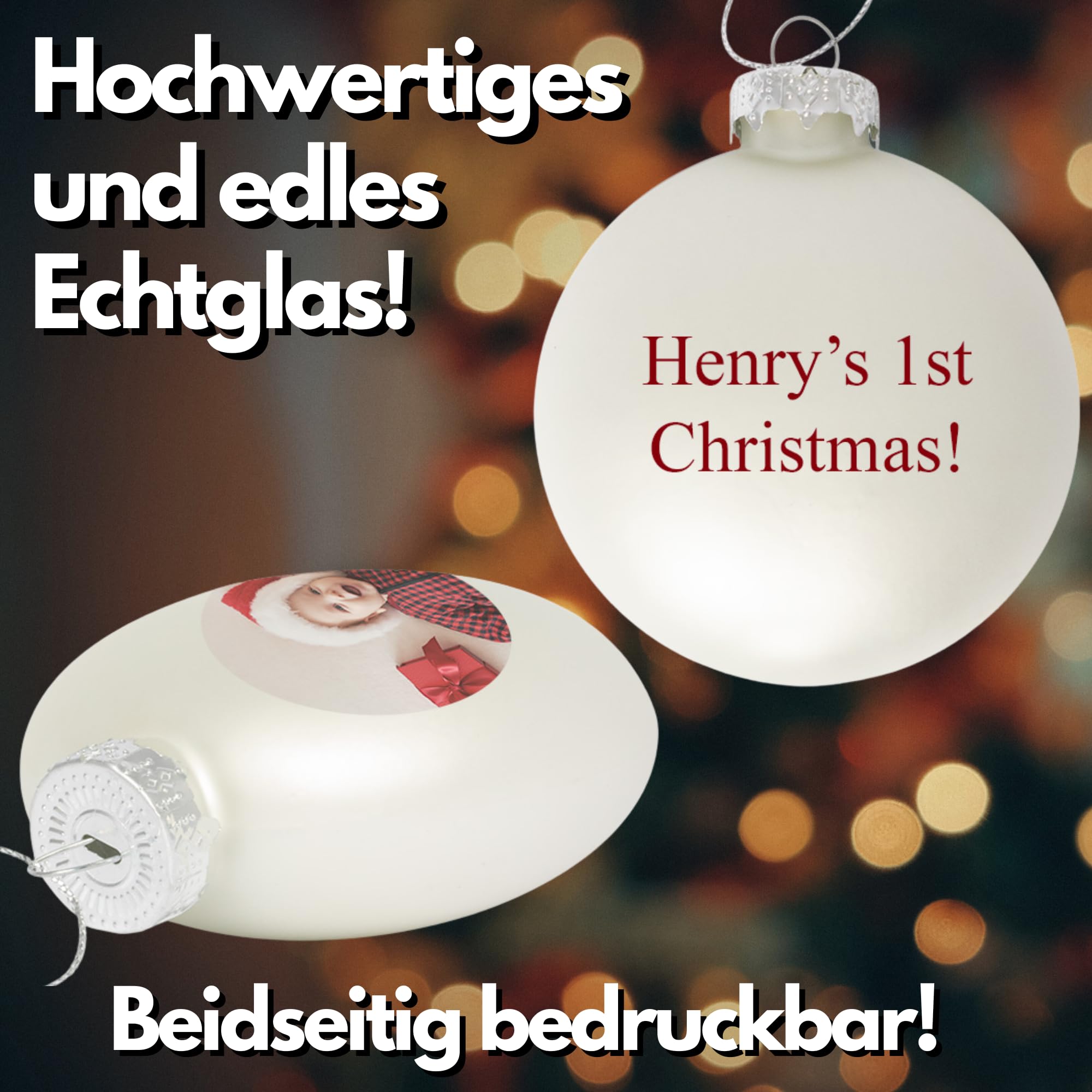 Personalsierte Weihnachtskugeln - Weihnachtskugel Bedruckt mit deinem Foto, Logo oder Text - Ø 9cm aus Glas - Christbaumkugel mit Digitaldruck (Seidenmatt) (12, Silber)
