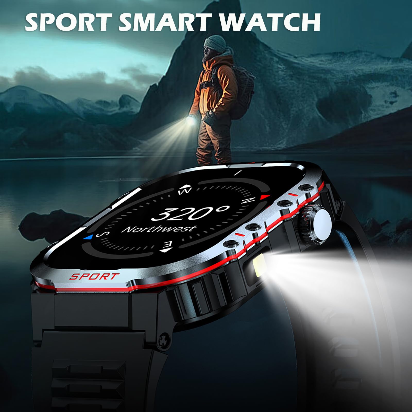 Yihou Compass Smart Watch con torcia LED impermeabile, orologio da nuoto da 5,1 cm, orologio militare fitness tracker robusto (rispondere/effettuare chiamate)