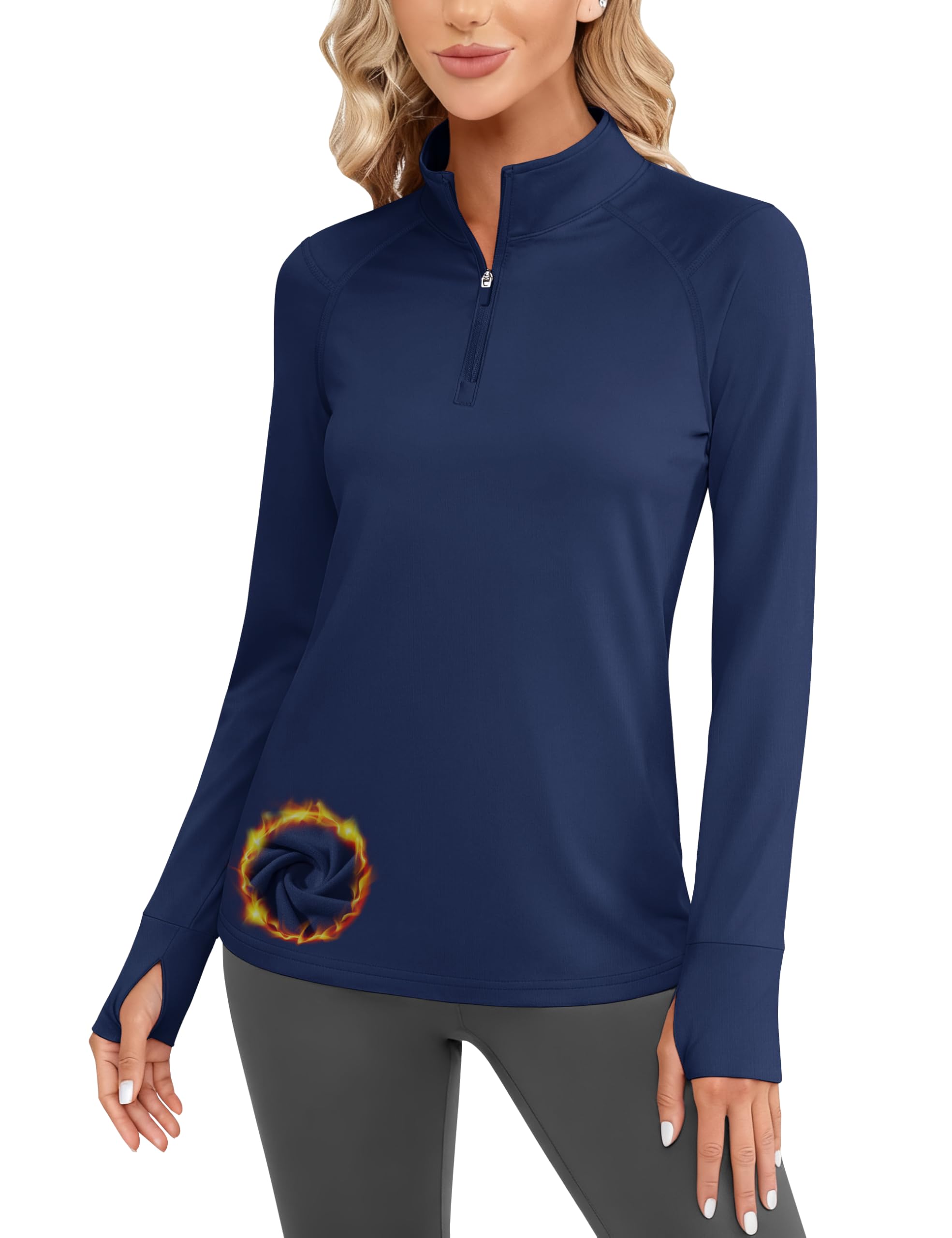Cavva Womens Fleece Quarter Zip Pullover Running Shirt Thermal Long Sleeve Tee Athletic Workout Tops Thumb Hole