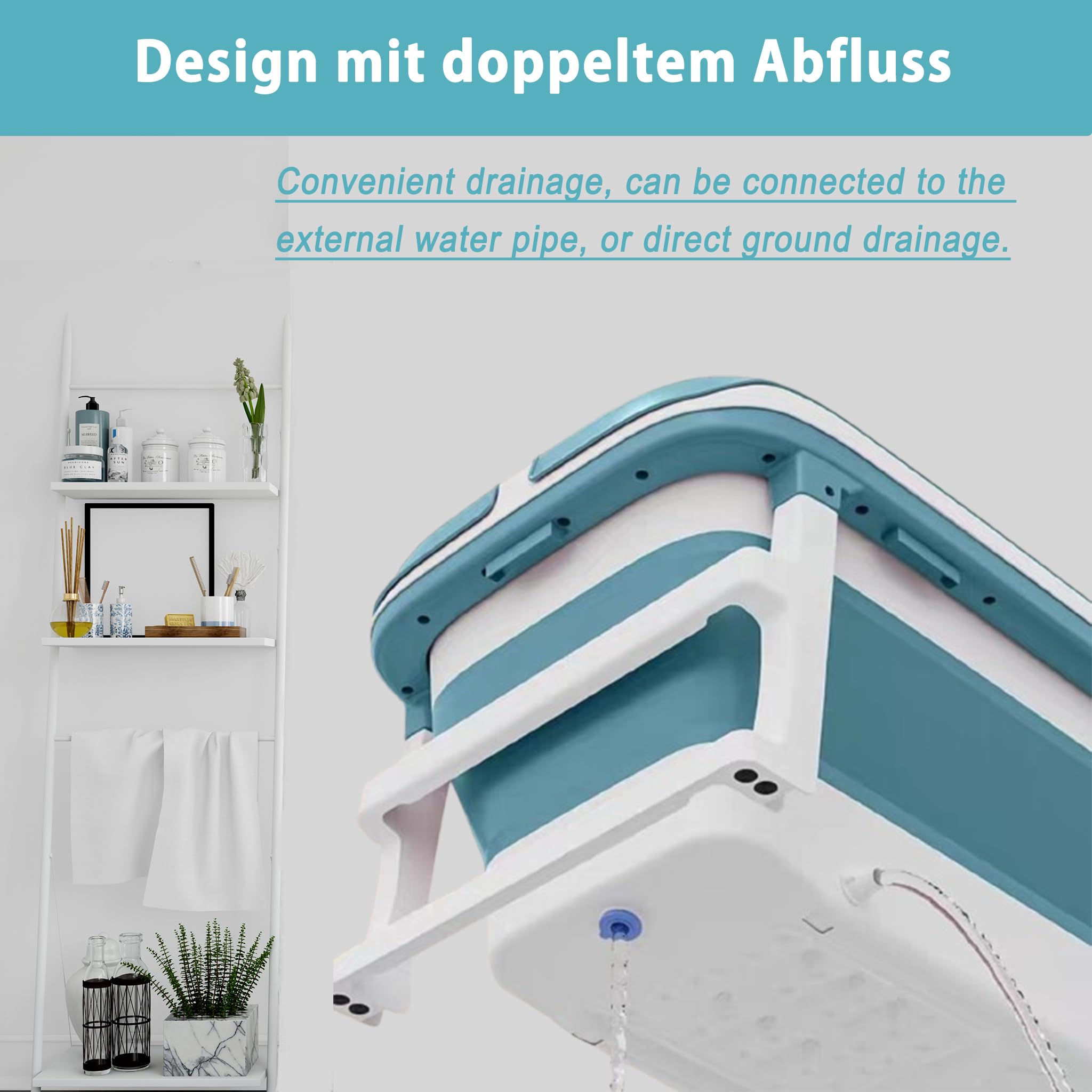 LARS360 Badewanne Erwachsene Faltbare 149 x 64 x 54 cm Klappbare Mobile Badewanne mit abnehmbare Abdeckung, Thermometer, Massagerollen Lagerregal, Kissen, Blau
