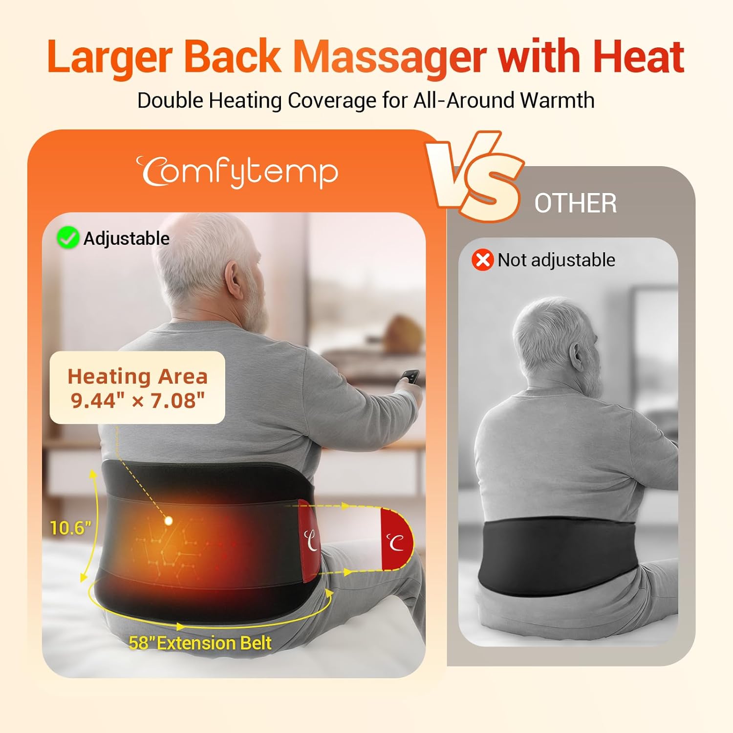 Comfytemp Extra Large Cordless Heating Pad with Massager for Back XXL, FSA Eligible HSA Portable Rechargeable 2X Larger Lower Back Massager with 4 Motors, Wireless Heated Waist Belt Button APP Control