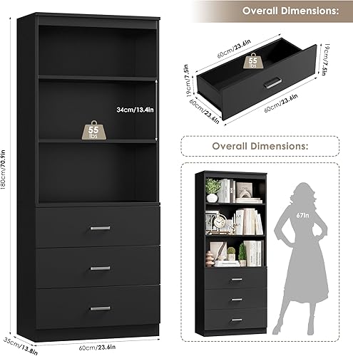 Miniatura 2 de FOTOSOK Estantería de 180 cm de alto en negro con cajones, estantería y mueble para libros con 3 estantes abiertos, estantería alta y gabinete de