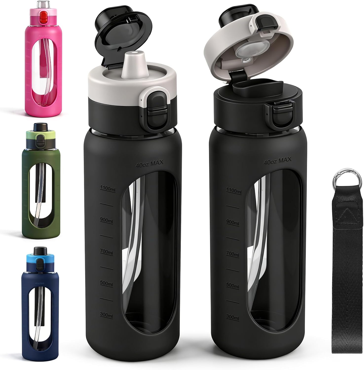 ANOTION 40OZ Glass Water Bottle, Large Sports Water Bottle with Dual-Drink Lid Clear Leakproof Glass Bottles with Straw, Motivational Jug with Silicone Sleeve and Time Marker for Travel Gym-Black