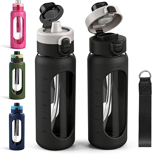 Miniatura 13 de ANOTION Botella de agua de vidrio de 24 onzas, botella de agua deportiva grande con tapa de doble bebida, botellas de vidrio transparente a prueba