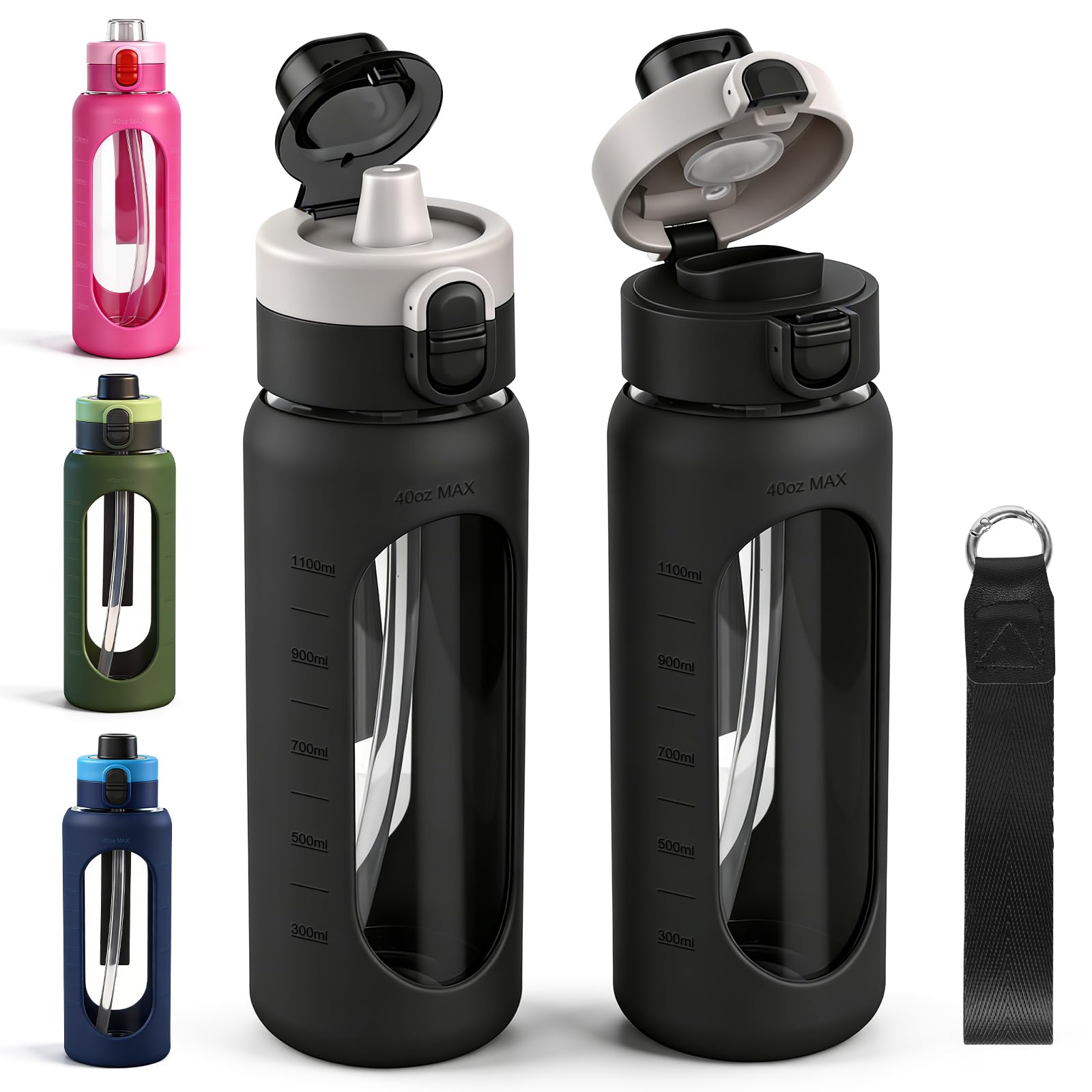 ANOTION Botella de agua de vidrio de 40 onzas, botella de agua deportiva grande con tapa de doble bebida, botellas de vidrio transparente a prueba de fugas con popote, jarra motivacional con funda de