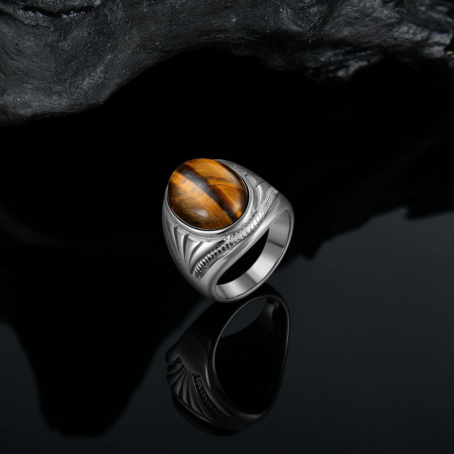 Men's Tiger Eye Oval Signet Ring, Nature Stone Stainless Steel Thumb Rings for Men Jewelry Gift for Him, Size 7-13 - Image 4