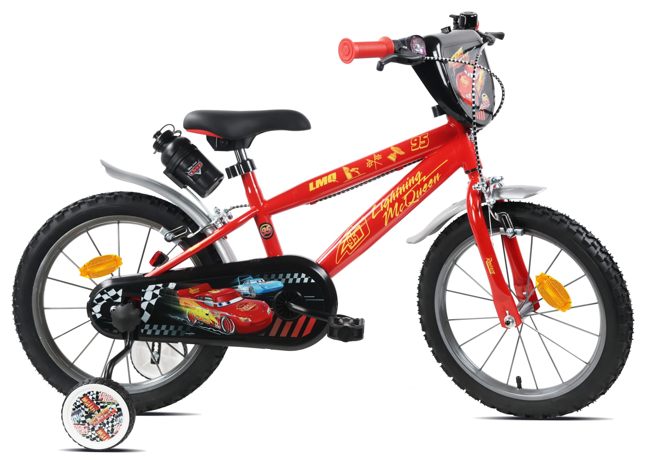 Vélo 16'' garçon Cars de Disney équipé de 2 Freins, Plaque Avant décorative, bidon arrière et stabilisateurs.
