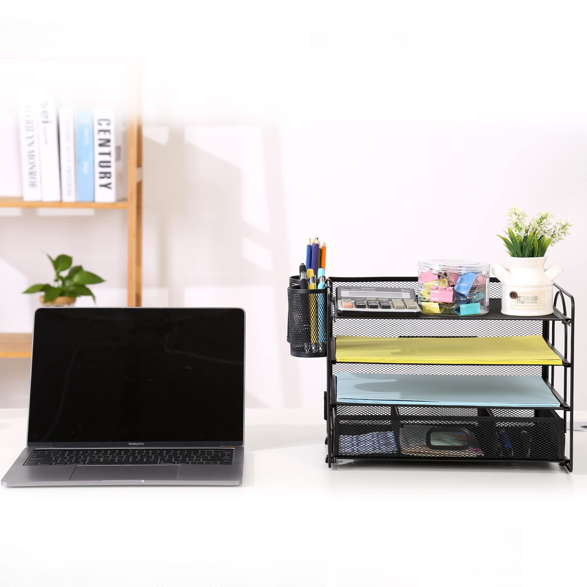 Schreibtisch-Organizer-Set, Netzstoff, Bürobedarf, Papierordner, Organizer für Schreibtisch mit Stifthalter, Notizbuch, Bleistiftaufbewahrung, Zubehör mit 4 Ablagen + Schublade, schwarz