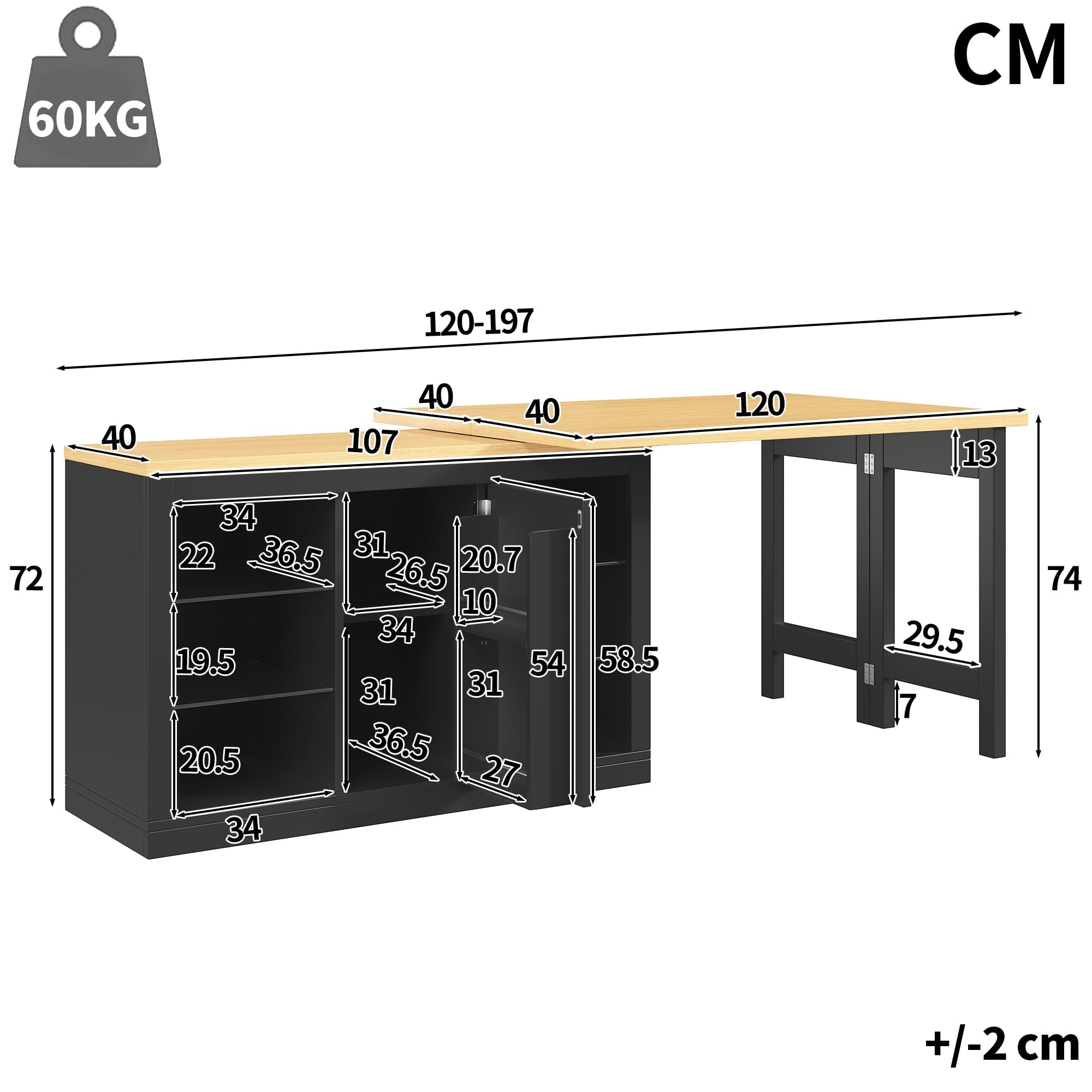 Ausziehbarer Kücheninsel-Esstisch mit App-steuerbarer LED, 120-197cm, 360° drehbar, mit magnetischen Türen & Glas-Einlegeböden, Schwarz, belastbar bis 60kg