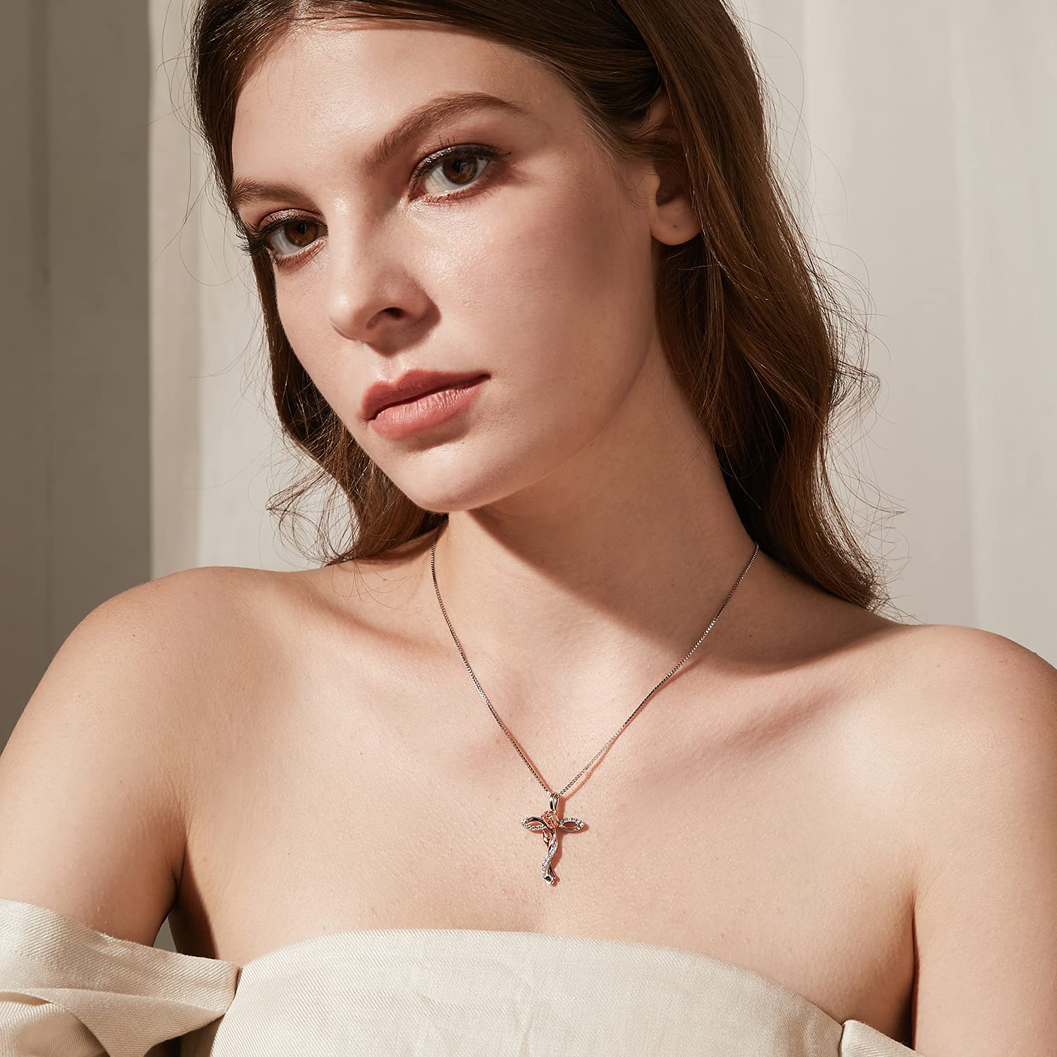 JiaYang Rosen Kreuz Halskette Damen Rose Blume Kreuz Anhänger Halskette Silber 925 Kreuz Halskette mit Rosen blume Rose Gold Halskette Frauen Religiöse Kreuz Schmuck Christian Rose Kreuz Halsketten