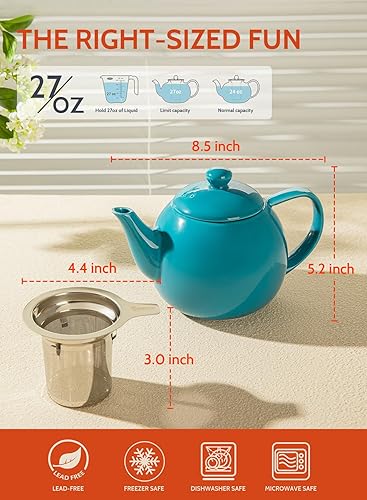 Miniatura 3 de Sweese 221.107 Tetera de porcelana con infusor de acero inoxidable, tetera de hojas florecientes y sueltas, 27 onzas, azul acero