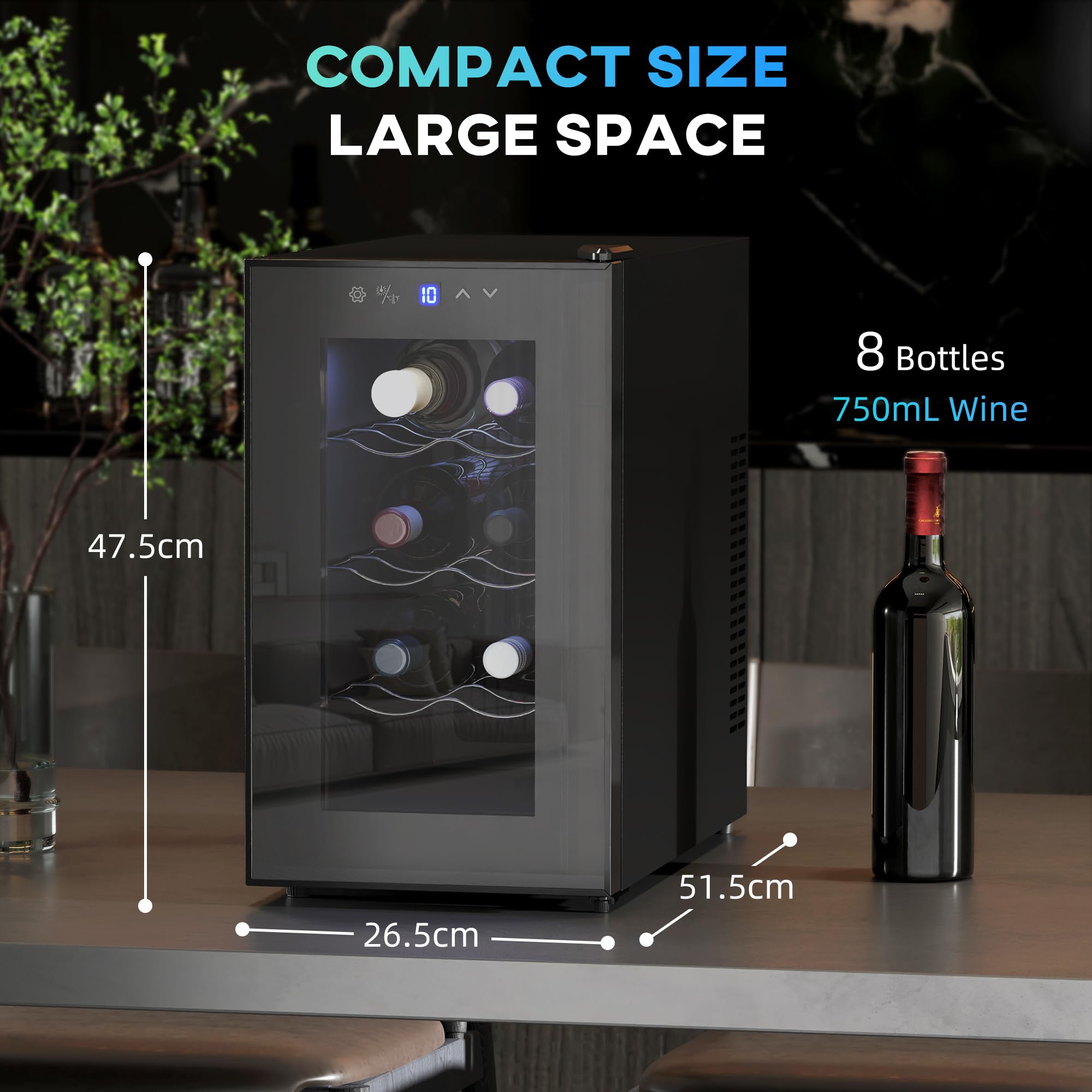 HOMCOM Mini Table Top Wine Fridge, 8 Bottle, 17L, 8-18℃, 26.5cm Quiet Under Counter Wine Cooler Fridge with Glass Door, LED Light, Digital Touch Screen, Temperature Control — view 7