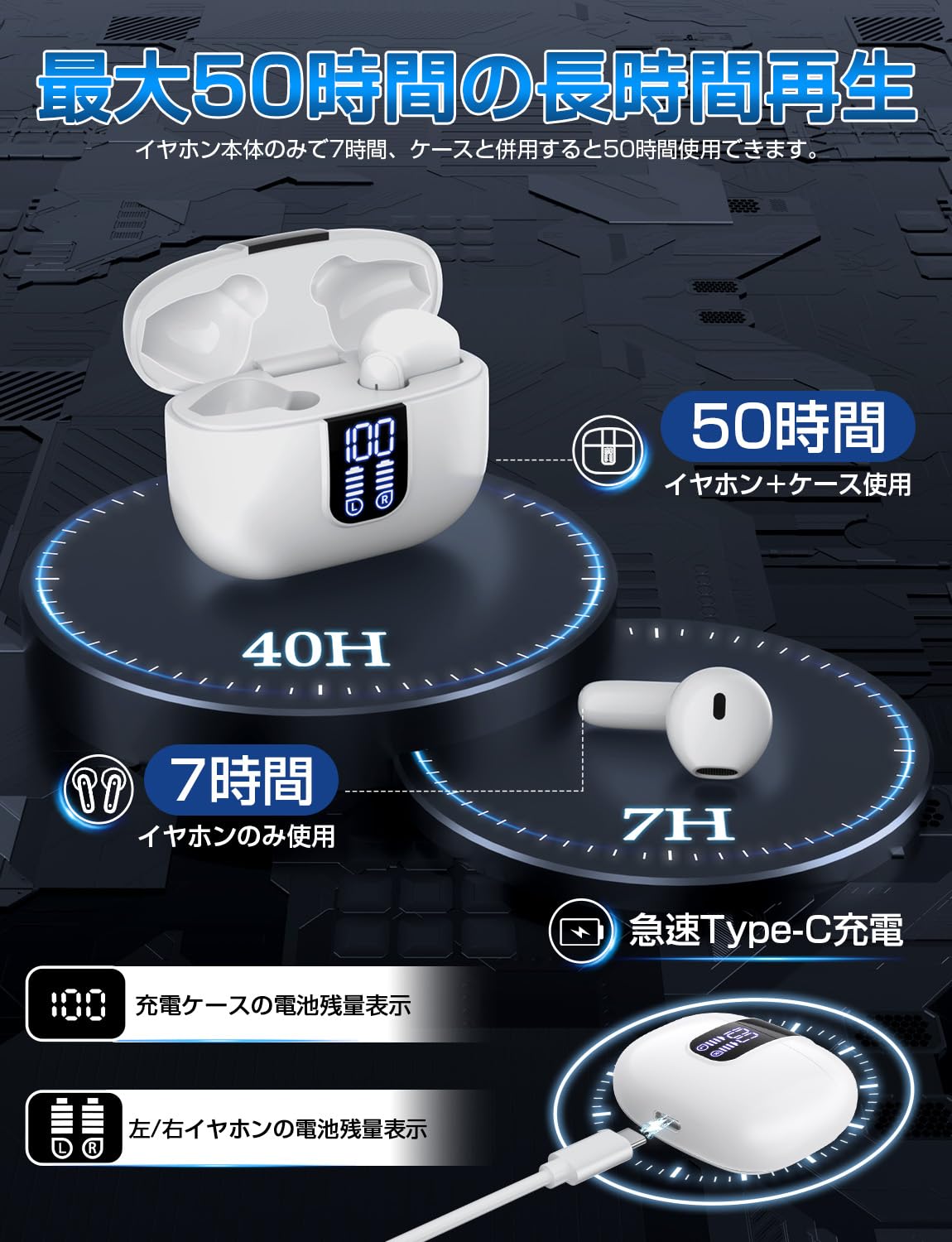 Amazon.co.jp: イヤホン Bluetooth【2024最新型モデル 最大50時間連続