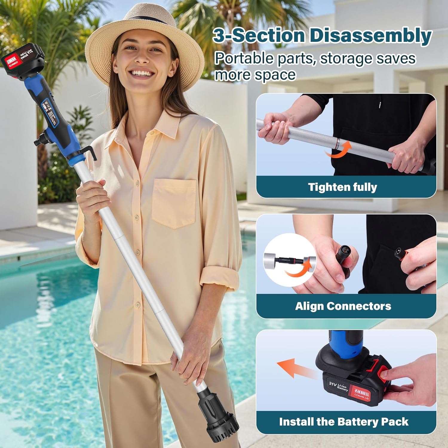 ANBULL Cordless Stick Water Transfer Pump with 6.5FT Extended Hose, 2x4000mAh 21V Batteries Compatible with Makita Battery, 720GPH 32FT Head Electric Stick Pump for Pool Garden Pond