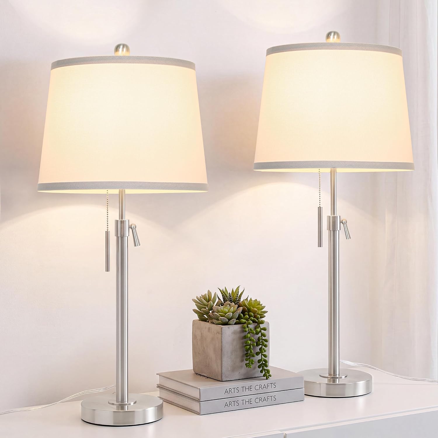Brushed Nickel Modern Table Lamps Set of 2 Adjustable Height 22" to 30" Silver Nightstand with White Linen Shade 3 Brightness Way Pull Chain Switch Bedside Lamps for Living Room Office(Bulbs Included)