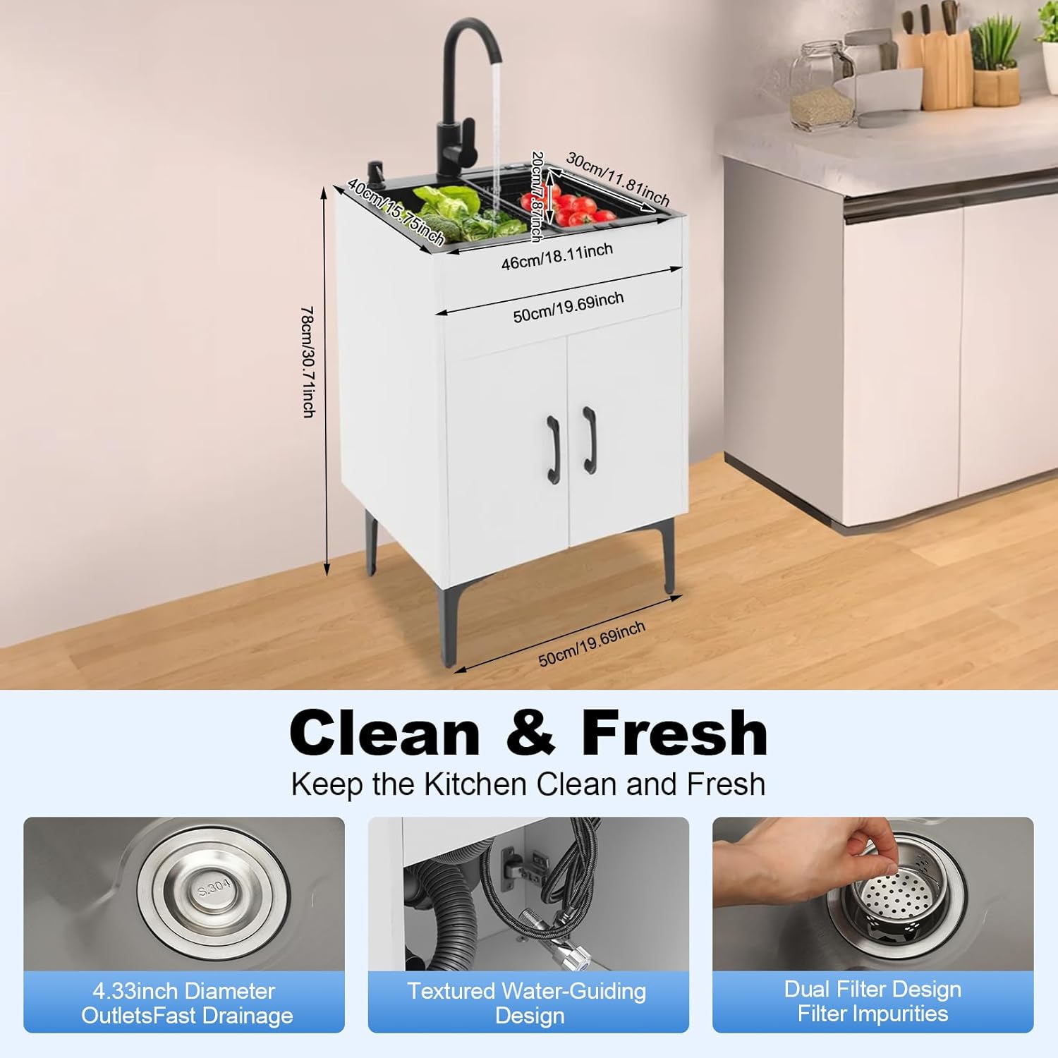 Laundry Utility Sink with Cabinet, Kitchen Sink Base Bathroom Vanity Ready-to-Assemble Bathroom Cabinet 11.81" Width, All-in-One Utility Sink for Laundry Room, Garage, Mudroom (White)
