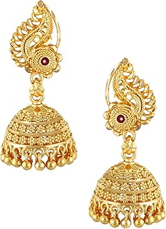 Gold Traditional Temple Jewellery 18k One Gram Gold Ethnic Brass Stylish South Indian Ghungroo Screw Back Studs Meenakari Peacock Ruby Jhumki Earrings Set for Women -JHUMKI-M143, Round Large,