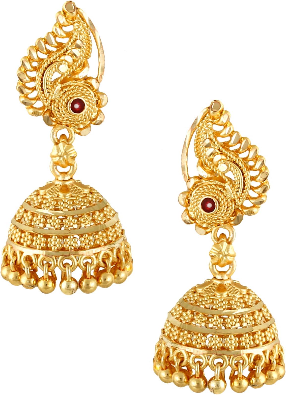 Gold Traditional Temple Jewellery 18k One Gram Gold Ethnic Brass Stylish South Indian Ghungroo Screw Back Studs Meenakari Peacock Ruby Jhumki Earrings Set for Women -JHUMKI-M143