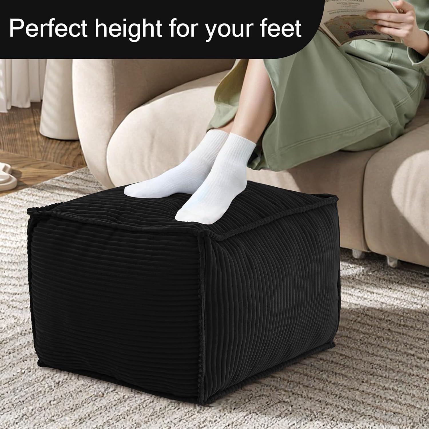 MeMoreCool Square Stuffed Pouf Ottoman Foot Rest, Corduroy Floor Pouf Foot Stool with Foam Chunk Filling, Soft Stuffed Ottoman Footrest for Living Room, Black