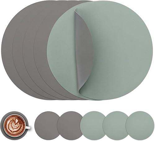 Miniatura 7 de Myir JUN Juego de 6 manteles individuales y posavasos de piel sintética de 15 pulgadas, manteles individuales redondos de doble cara, manteles