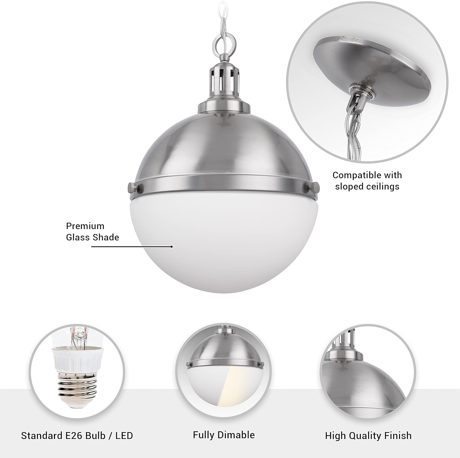 Aaron Mid Century Pendant Brushed Nickel Ceiling Light Fixture with 12-inch White Etched Opal Glass Shade for Kitchen Island, Hallway, Entryway, Dining Room, Bedroom, Balcony Living Room
