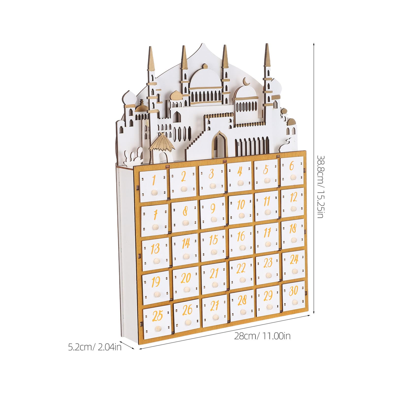 Lurrose Calendrier de L'Avent Ramadan en Bois avec Éclairage LED Doux 30 Tiroirs pour Compte à Rebours Festif Décoration Islamique pour Bureau et Intérieur Organiseur de Fête