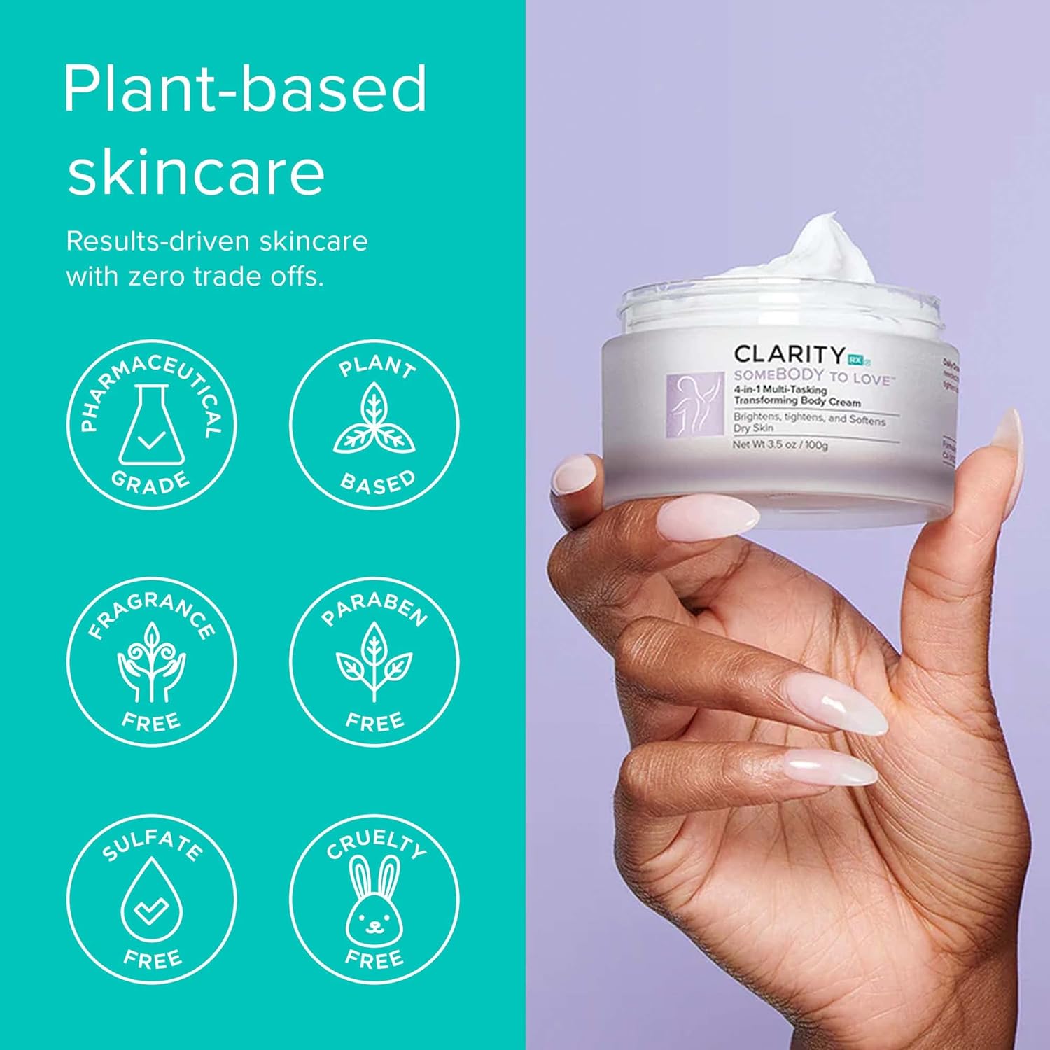 ClarityRx SomeBODY To Love 4-in-1 Anti-Aging Body Cream, Natural Plant-Based Moisturizing Lotion for Brightening, Tightening & Smoothing Dry Skin (3.5 oz)