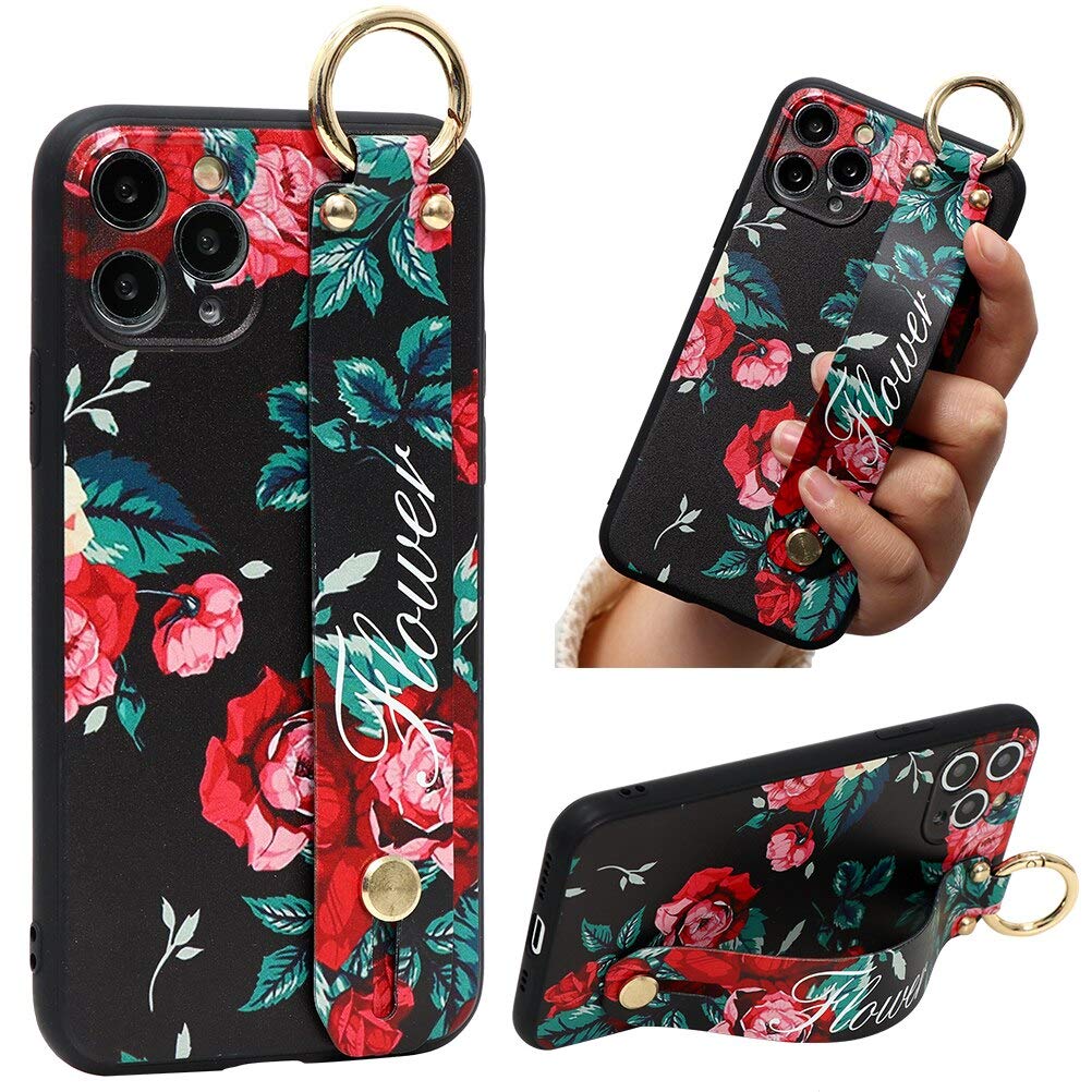 ZhuoFan iPhone XR Wrist Strap Stand Grip Holder Case, iPhone XR Phone Case with Collapsible Kickstand/Lanyard Ring,Slim Shockproof Silicone TPU Cover Bumper with Floral Pattern,Red rose