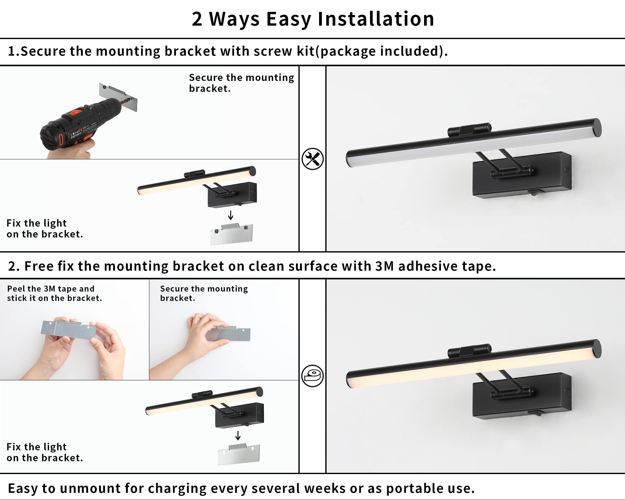 JUSHENG Dimmable Black Picture Light Battery Operated 16'' Inch, Rechargeable Gallery Light with Swing Arm and Timer Function, Full Metal Wireless Painting Lights for Display, Artwork, Canvas