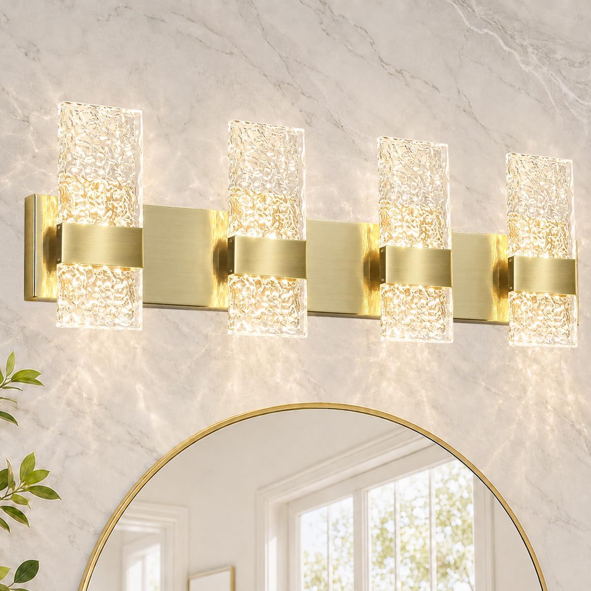 Modern Polished Gold 4 Lights Bathroom Vanity Light, Eleglant LED Bathroom Light Fixtures Over Mirror, Dimmable Acrylic Shade Wall Lighting Fixtures, Hardwired Wall Light(H9.25in, L28.35in)