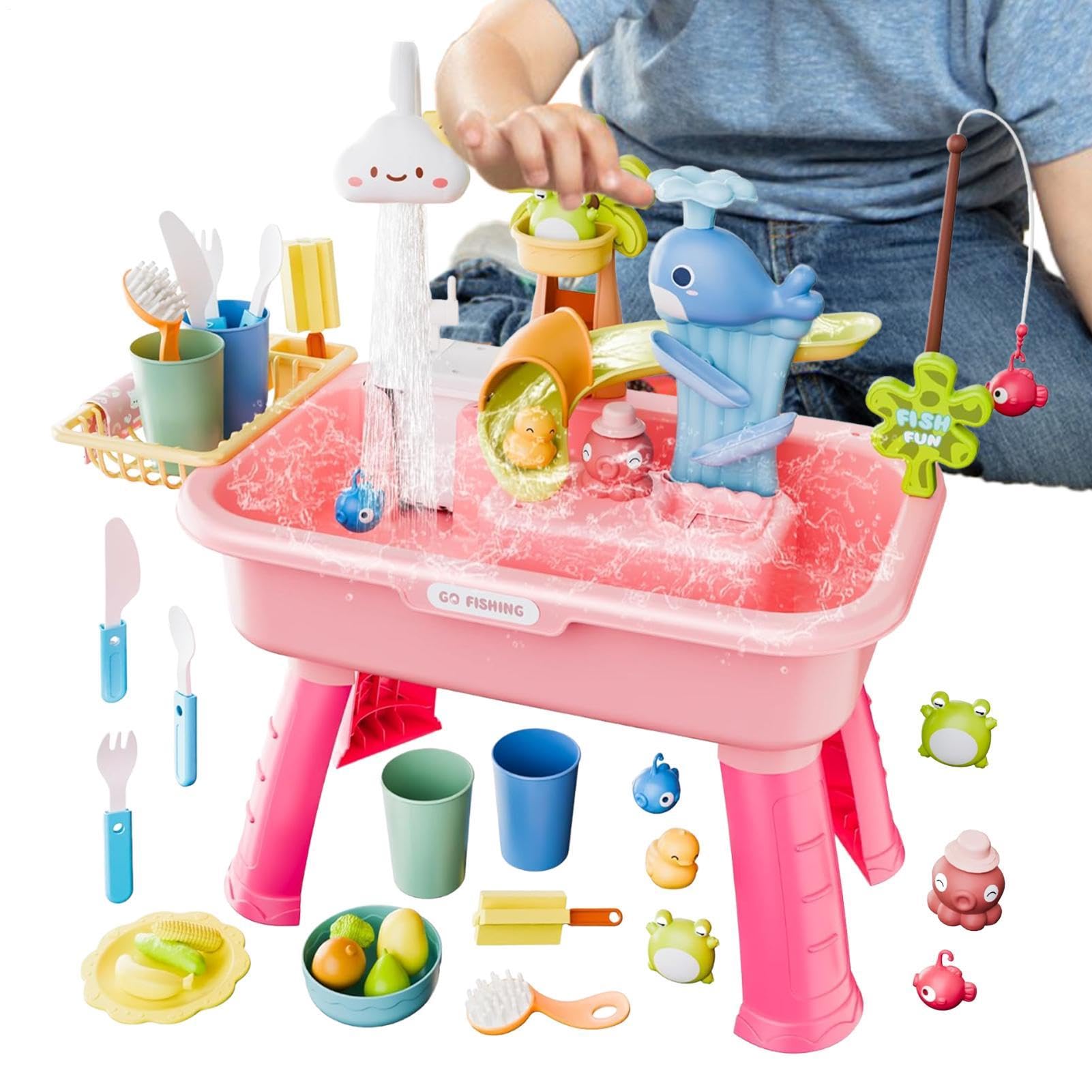 Kids Water Table, 4-in-1 Play Sink Fishing Toy, Water Play Table with Adjustable Legs, Playing Sink with Pump and Running Waters, Sensory Kids Waters Activity Tables, for Boys Girls Ages 3-8