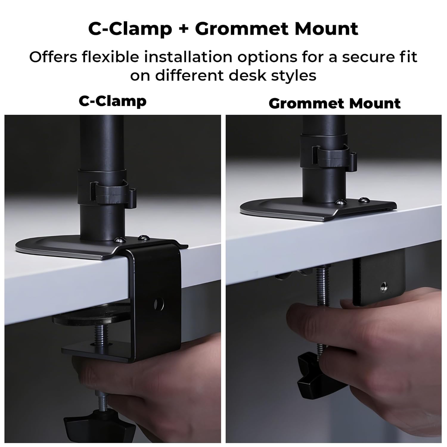 Comparison of C-Clamp and Grommet Mount installation methods for the monitor stand.