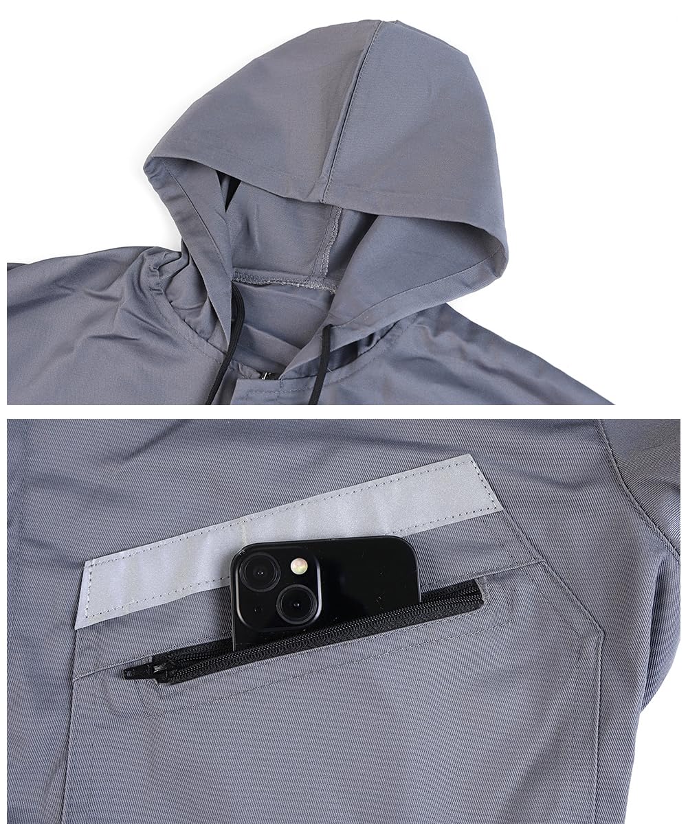 Uomo Incappucciato Tuta da Lavoro Multitasche in Poliestere e Cotone Tuta da Lavoro con Elastico Salopette da Lavoro Uniforme con Tasche, Grigio, M
