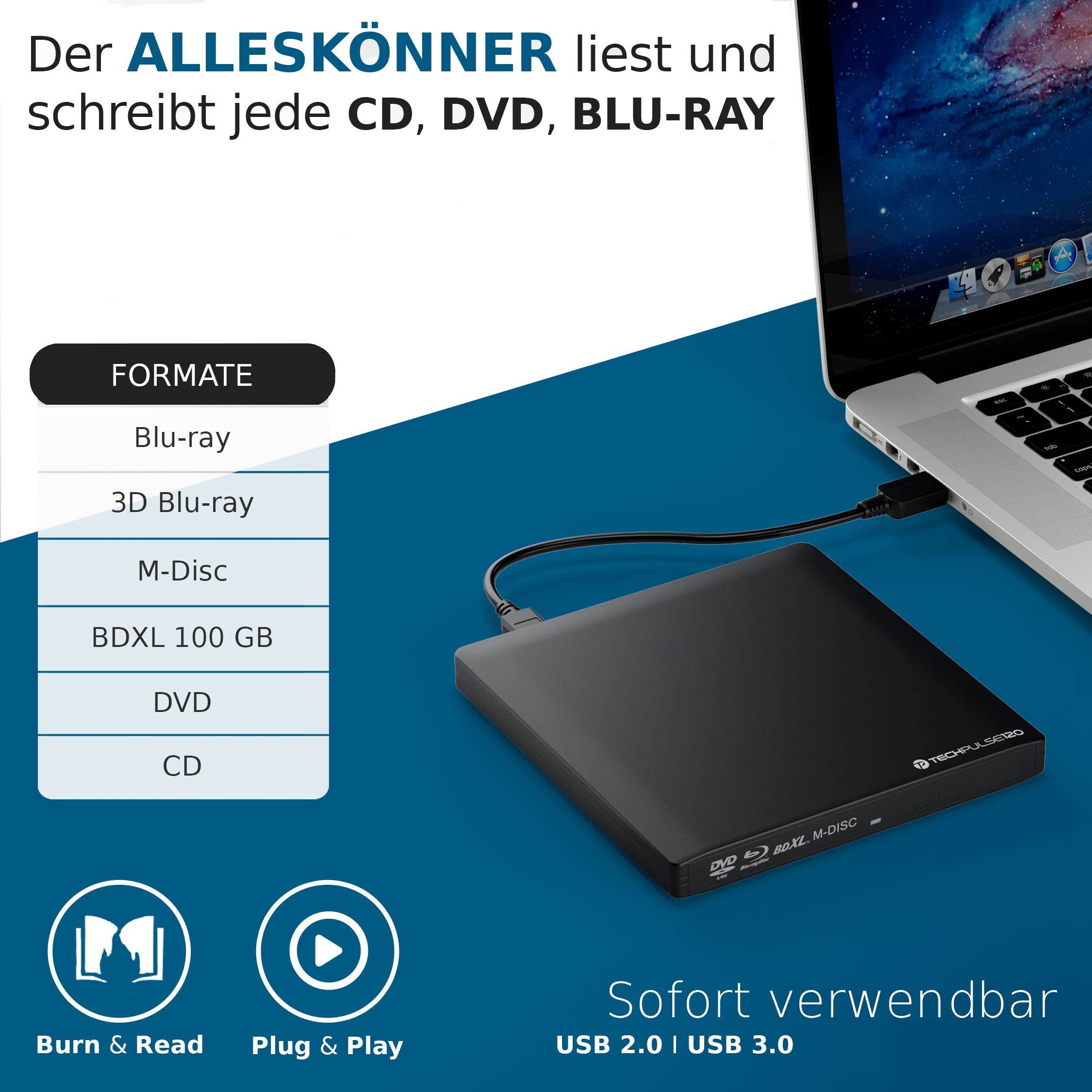 techPulse120 USB 3.0 3D Externer Blu-Ray Brenner Burner M-Disc BDXL Superdrive Blueray Rom Laufwerk BD DVD CD Slim für Computer Notebook Ultrabook Windows MacOS Apple iMac MacBook Pro Air Alu Schwarz