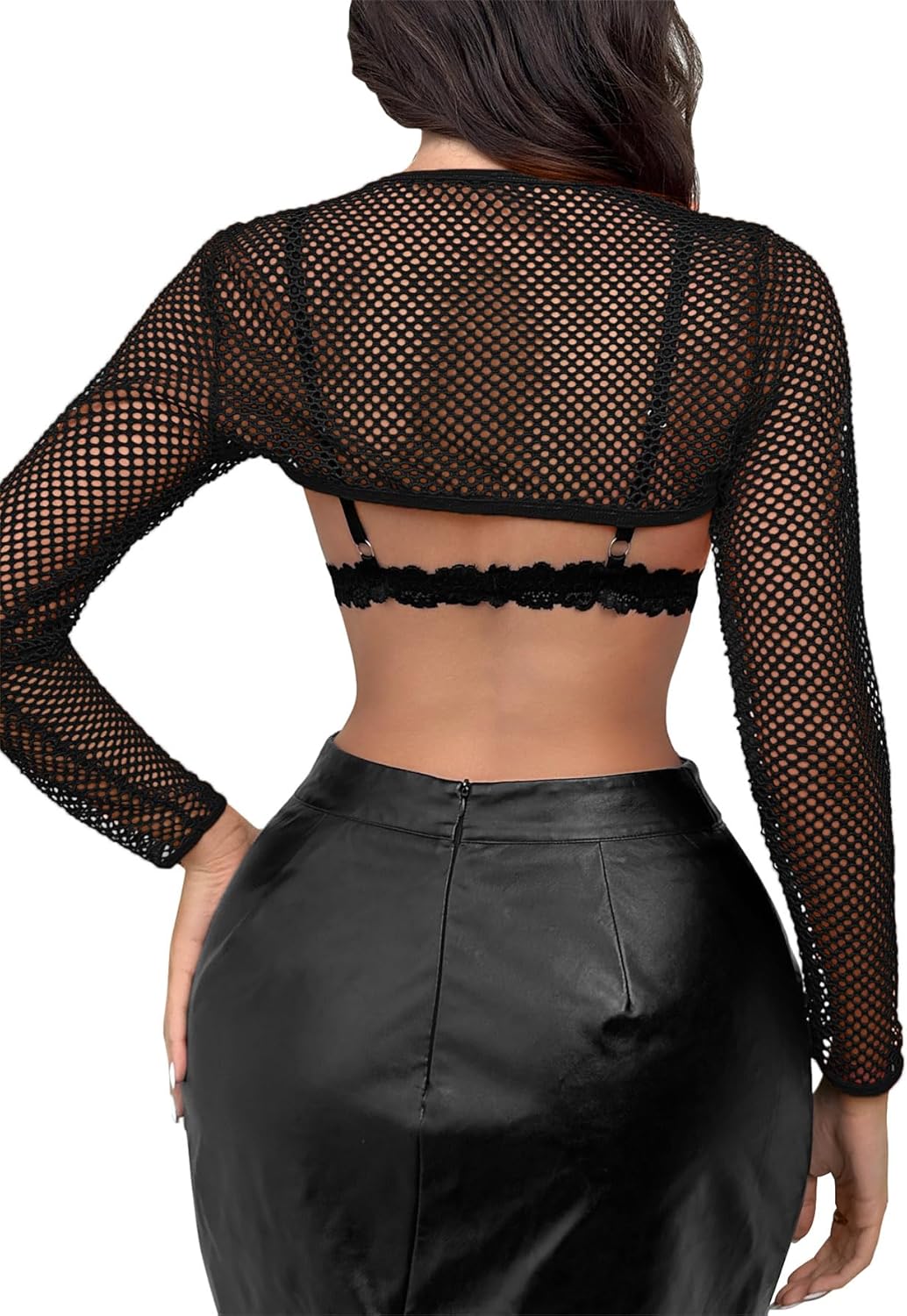 Lilosy Sexy Fishnet Mesh Sheer Crop Top Long Sleeve Shirt Rave Outfits Cover Up One Piece - Image 2