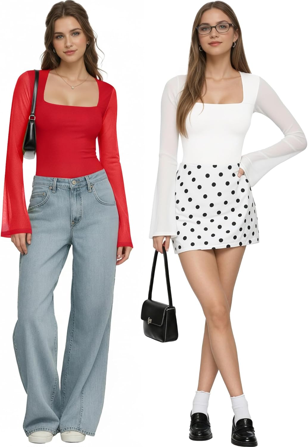 MANGOPOP Women's Square Neck Bell Sleeve Bodysuit Mesh Double Lined Body Suits Trend Going Out Tops Fall Outfits 2025 - Image 5