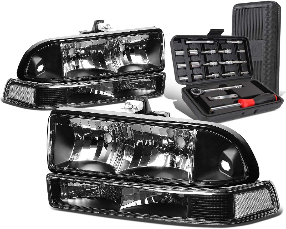 Auto Dynasty Black Housing Clear Corner Headlight w/Bumper Lamps+Tool Kit Compatible with Chevy S10 Pickup 98-04
