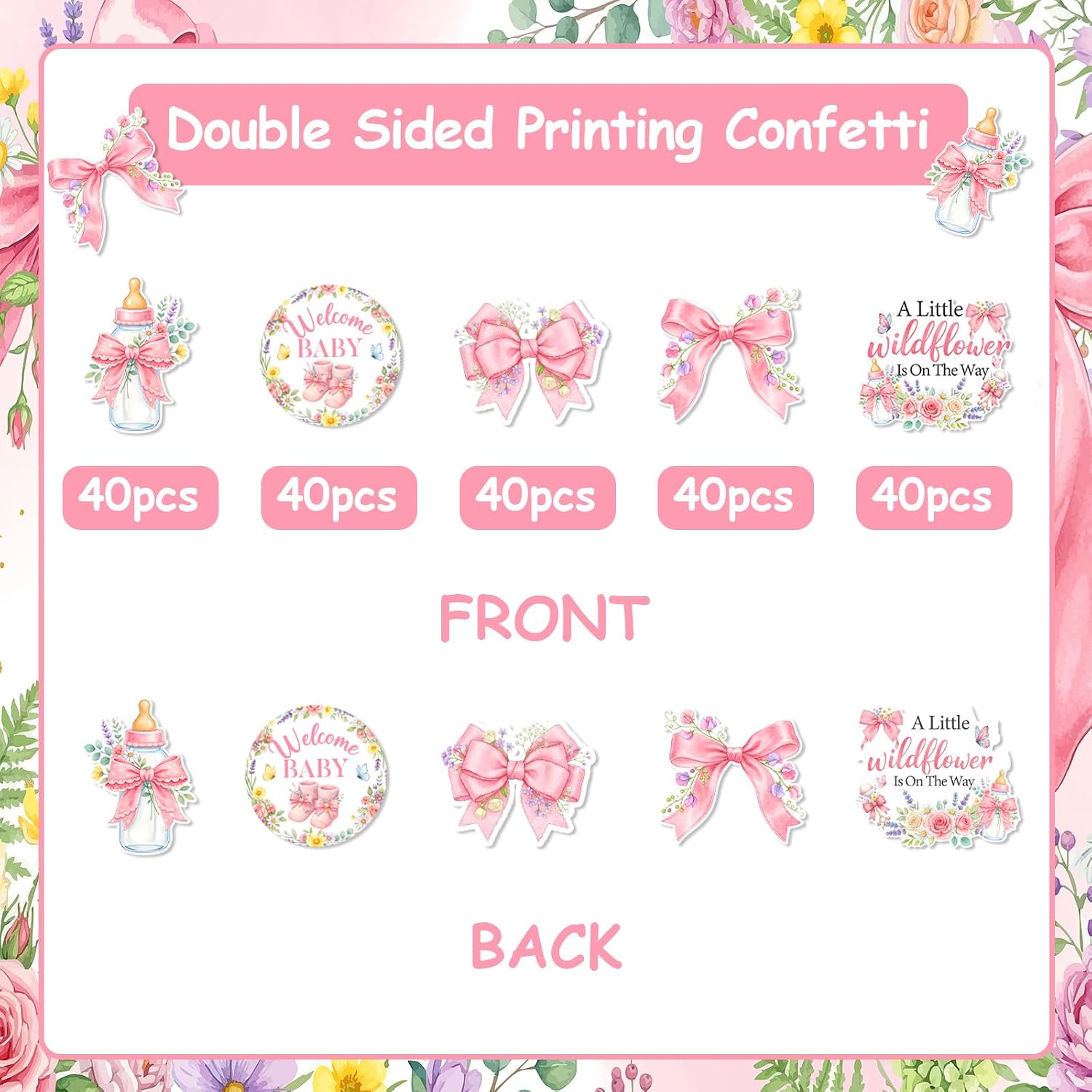 200pcs Pink Bow Wildflower Baby Shower Confetti Double-Sided A Little Wildflower is on the Way Table Scatter Decorations for Girl Baby Shower Party Table Decor