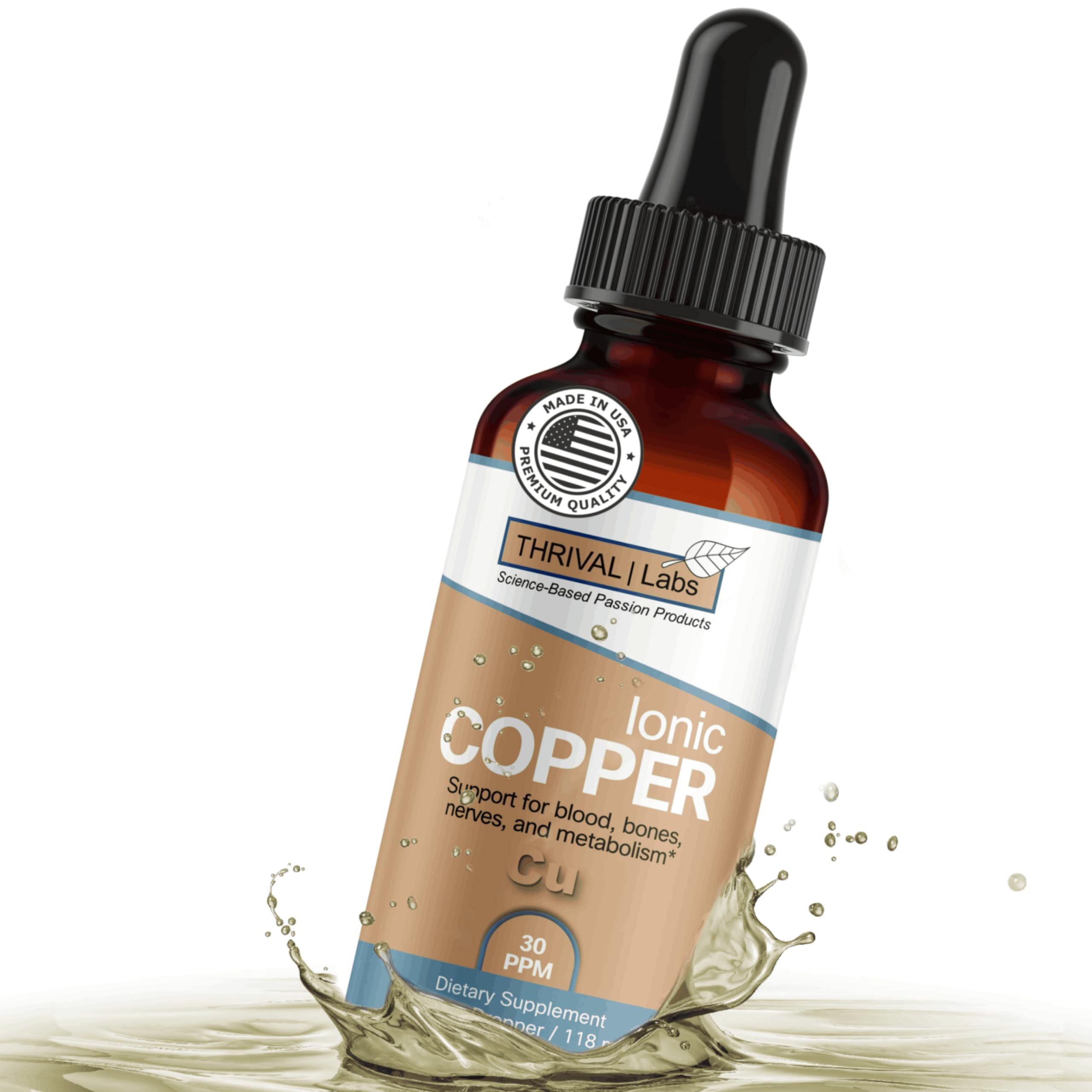 Ionic Colloidal Copper Liquid (30 PPM) | Mental Clarity & Nerve Function | Hair, Skin, Nails & Collagen | Red Blood Cells & Energy Production | Cholesterol Levels & Blood Pressure (4oz Dropper)