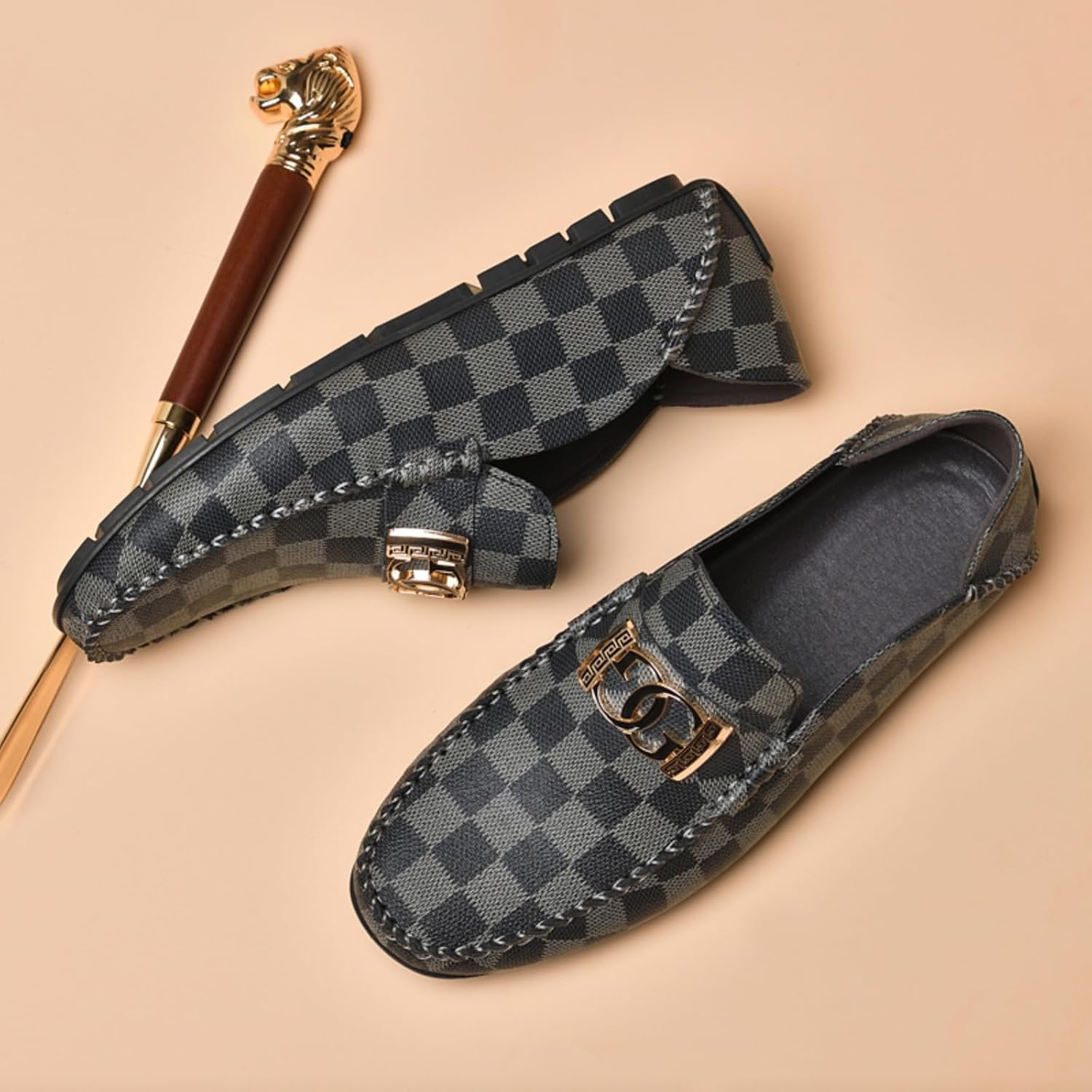 Men's Checkered Slip - on Loafer Casual Flat Shoes: Classy Design with Metal Ornament, Soft Leather for Comfortable Daily and Social Wear