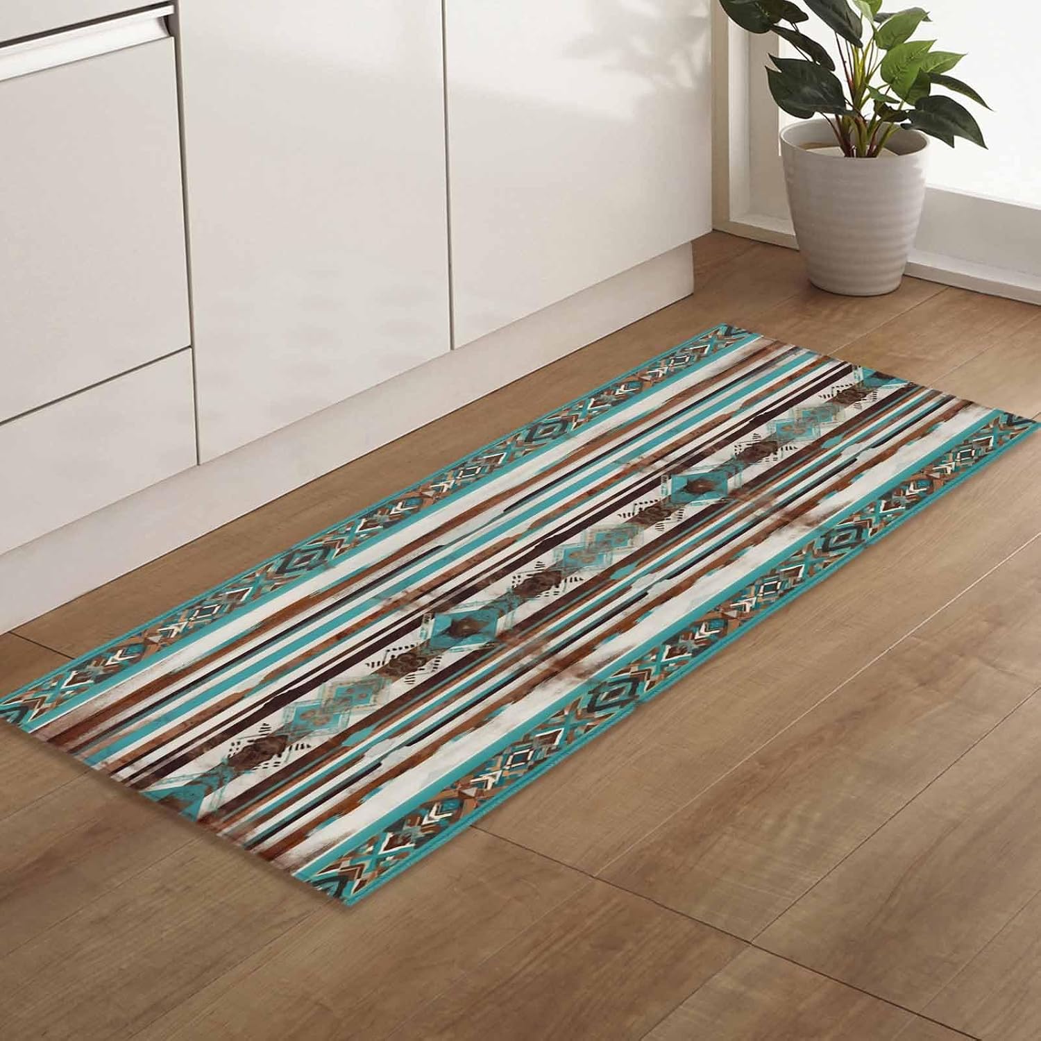 Kitchen Mats for Floor Ethnic Teal Brown Geometric Art Washable Non Slip Kitchen Rugs 1PCS, Vintage Stripe Diamonds Absorbent Standing Mats for Sink Bathroom Office Living Room 23.6x70.9in
