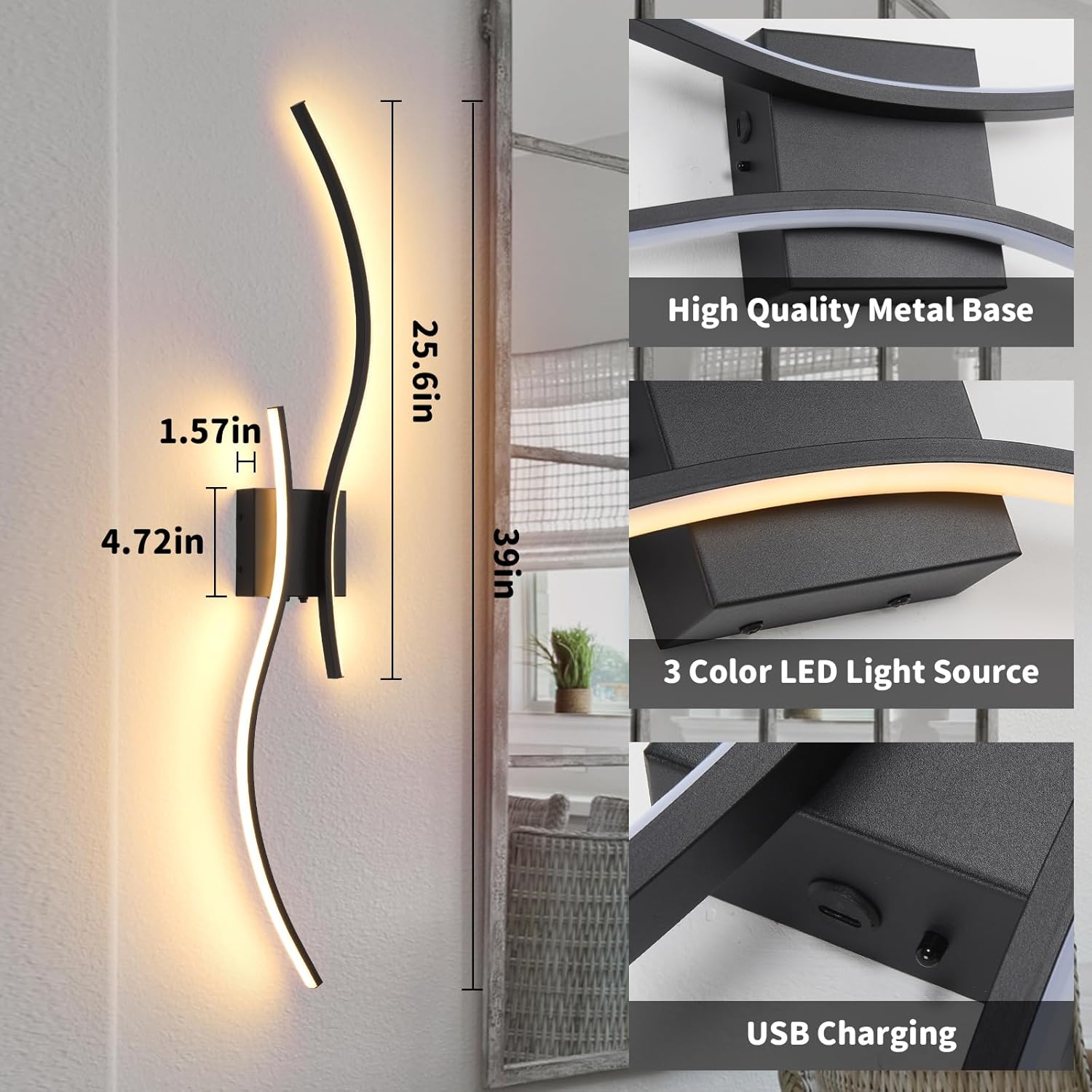 39 inch LED Battery Operated Wall Scones, Wall Lights Set of 2 Wireless with Remote Lasting 30-50H Dimmable 3CCT Timer, Black Rechargeable Indoor Wall Lamps for Bedroom Living Room Hallway