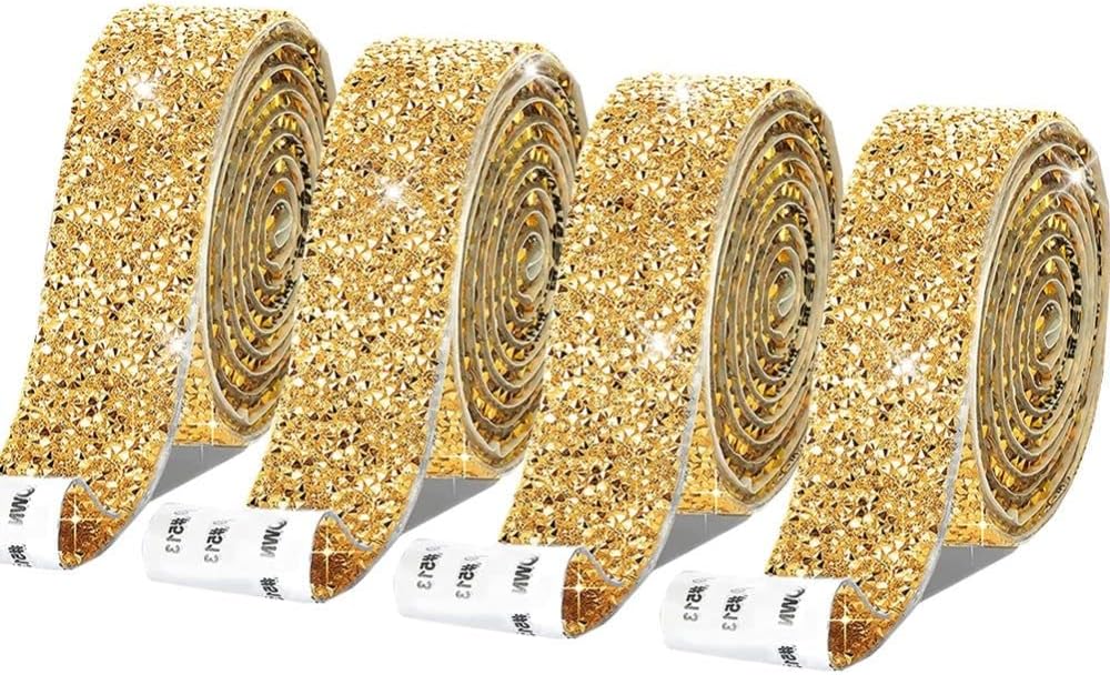 Zayejod 4 Rolls Gold Resin Rhinestone Ribbons Self-Adhesive 30mm Crystal Ribbon Roll Glitter Resin Diamond Belt Bling Sparkling Diamond Ribbon Bling Stickers Wrap Crystal Roll for DIY Arts Crafts,30mm