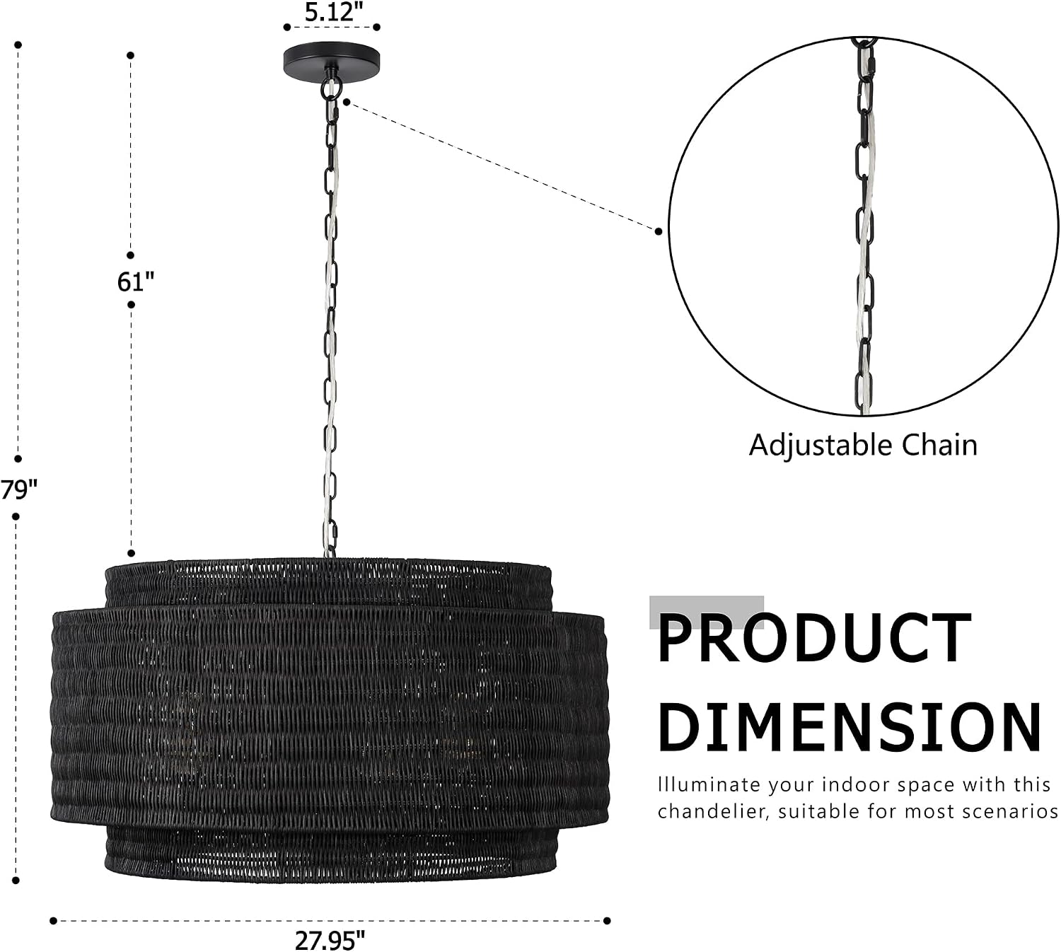 Maxax 28" Black Rattan Chandelier, 3-Tier Woven Wicker Pendant Light Fixture, Modern Boho Drum Ceiling Hanging Light for Dining Room Bedroom