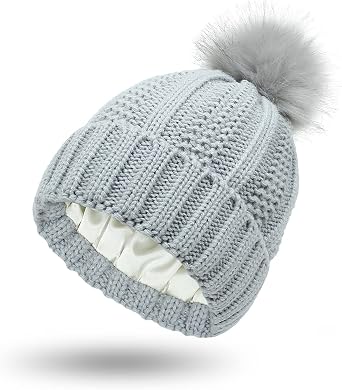 Winter Knitted Beanie Hat Soft Warm Satin Lined Ski Cuff Cap with Pom Pom for Girls and Women