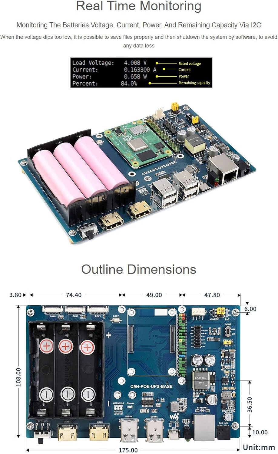 Waveshare PoE UPS Uninterruptible Power Supply Base Board for Raspberry Pi Compute Module 4 with Gigabit Ethernet/Dual HDMI/Quad USB2.0 etc.Interfaces