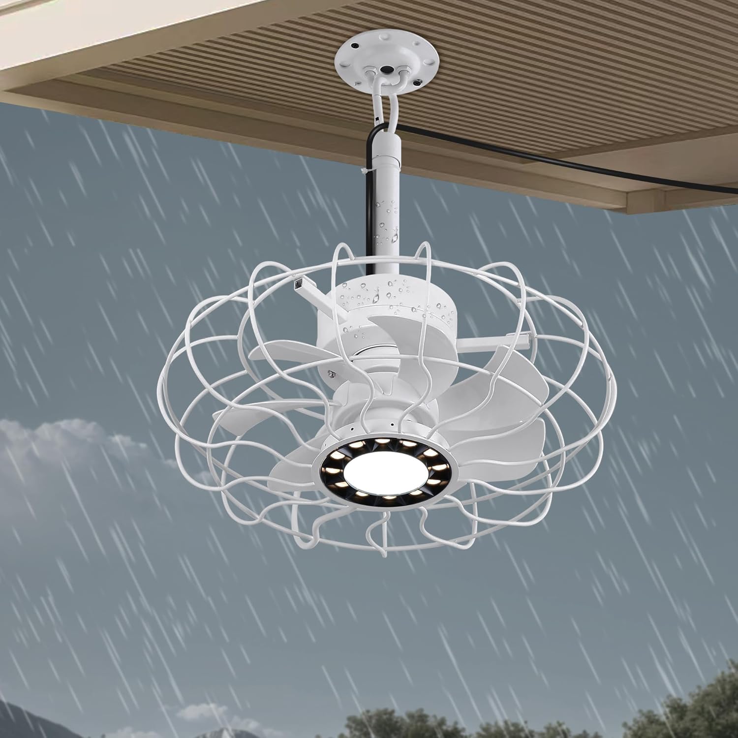 15" Outdoor Ceiling Fans with Lights and Remote Control, White Waterproof Gazebo Fan, Plug in Ceiling Fan with 3 Color LED Light, Portable Hanging Gazebo Fans with Plug in Cord Hook for Patios