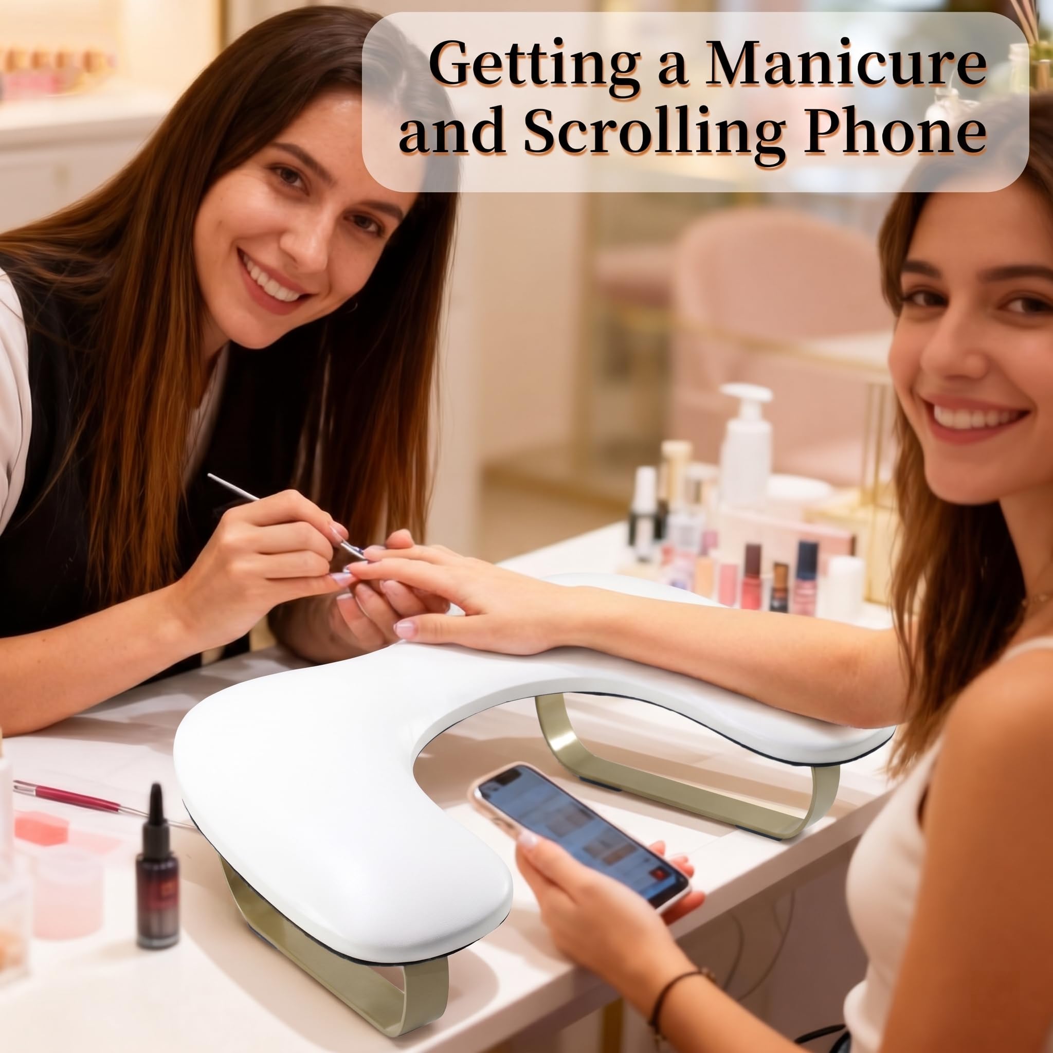 Reposabrazos para uñas en forma de U: reposabrazos para uñas con reposapiés curvado dorado, ángulo de inclinación de 45° para manicurista/salones de uñas