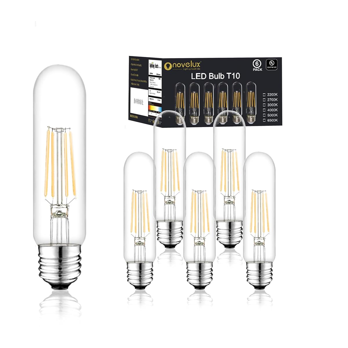 NOVELUX Edison Bulbs 5 Inch 6W Warm White Dimmable Vintage T10 Antique Light